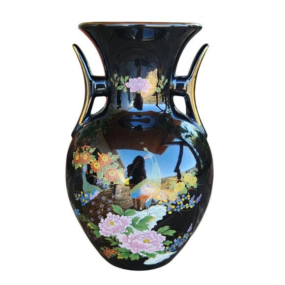 Vintage Black Ceramic Vase With Floral & Peacock Motif Gold Accents Decorative D - Picture 2 of 16